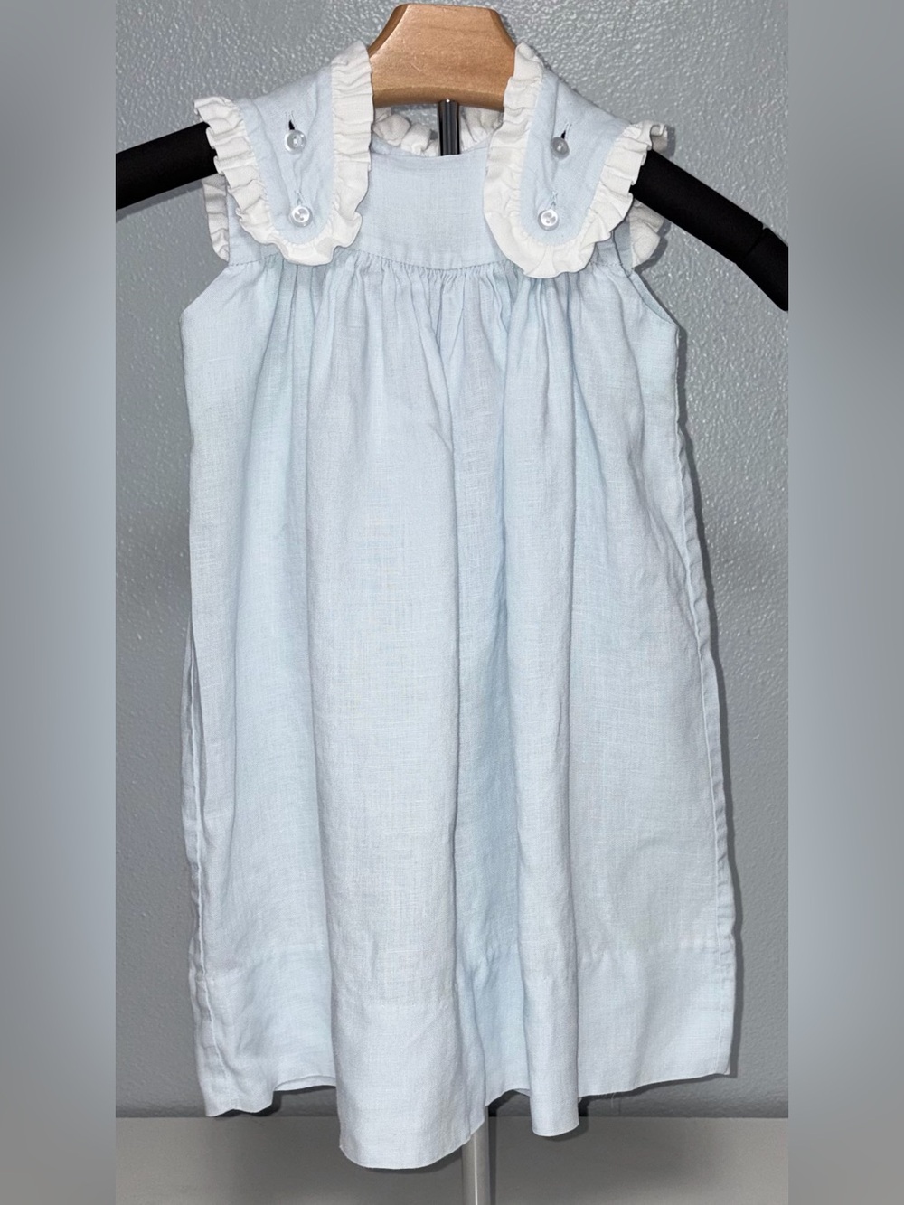 Lullaby Set Francis Flap Dress 100% linen pale blue with ruffled trim sz 2